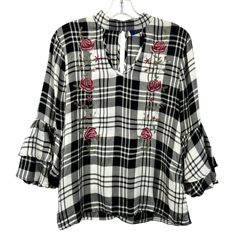 Blue Rain Women’s Choker Neck Ruffle Cuff Top Plaid/Embroidered Floral Small
